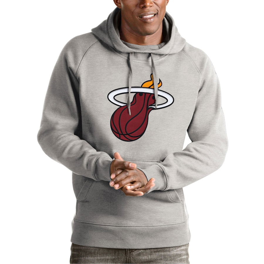 Men's Miami Heat Antigua Heather Gray Team Logo Victory Pullover Hoodie
