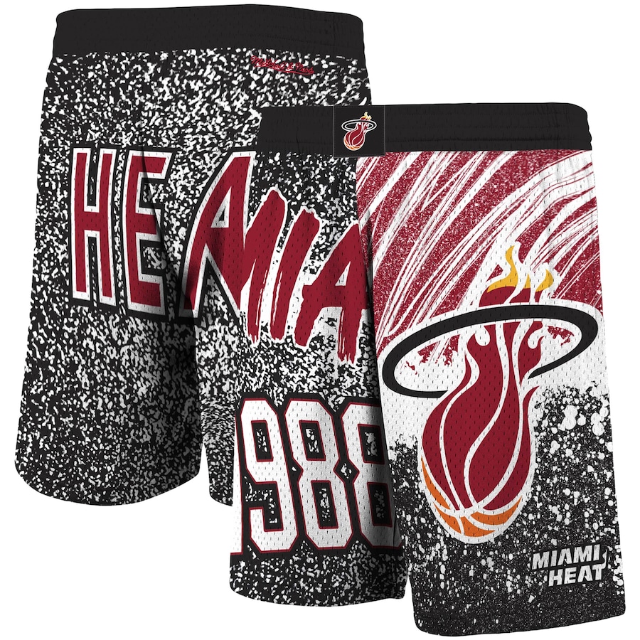 Men's Miami Heat Mitchell & Ness Black Hardwood Classics Jumbotron Sublimated Shorts Men's Miami Heat Mitchell & Ness Black Hardwood Classics Jumbotron Sublimated Shorts