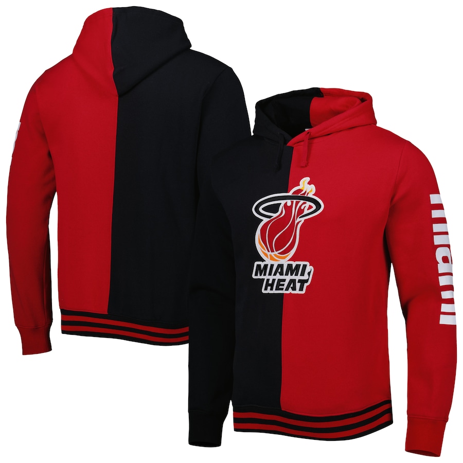 Men's Miami Heat Mitchell & Ness Black/Red Hardwood Classics Split Pullover Hoodie Men's Miami Heat Mitchell & Ness Black/Red Hardwood Classics Split Pullover Hoodie