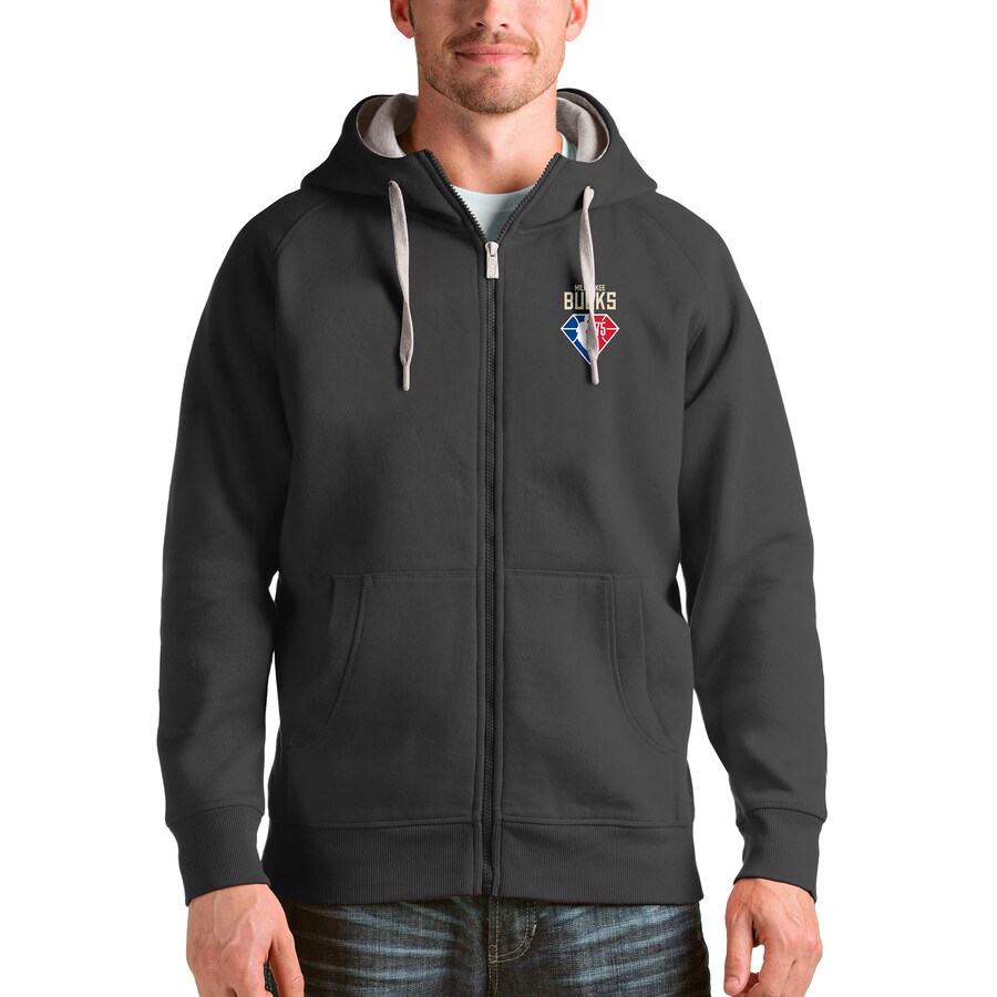 Men's Milwaukee Bucks Antigua Charcoal NBA 75th Anniversary Victory Full-Zip Hoodie