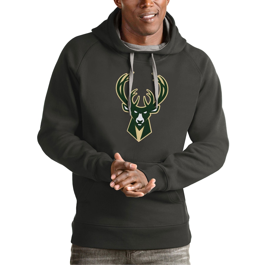 Men's Milwaukee Bucks Antigua Charcoal Team Logo Victory Pullover Hoodie