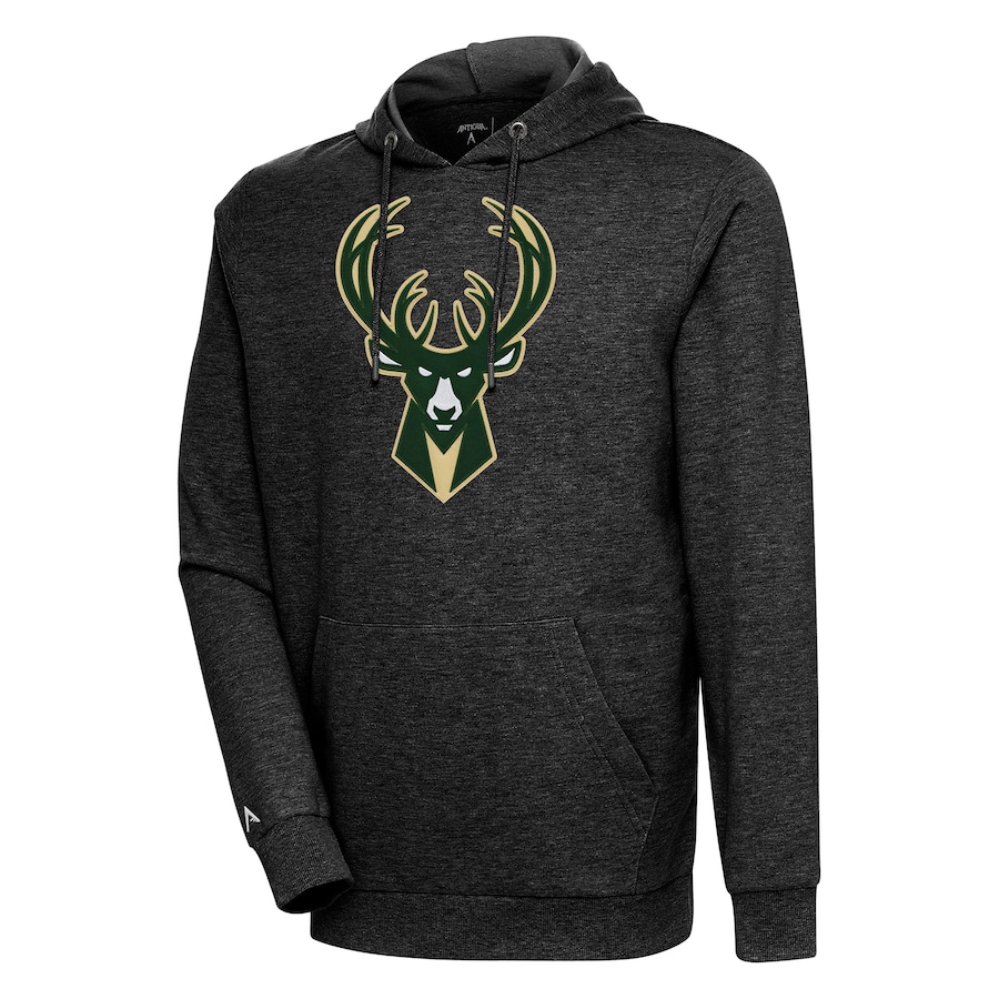 Men's Milwaukee Bucks Antigua Heather Black Action Pullover Hoodie Men's Milwaukee Bucks Antigua Heather Black Action Pullover Hoodie