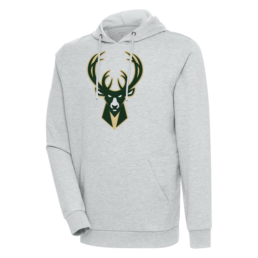 Men's Milwaukee Bucks Antigua Heather Gray Action Pullover Hoodie Men's Milwaukee Bucks Antigua Heather Gray Action Pullover Hoodie