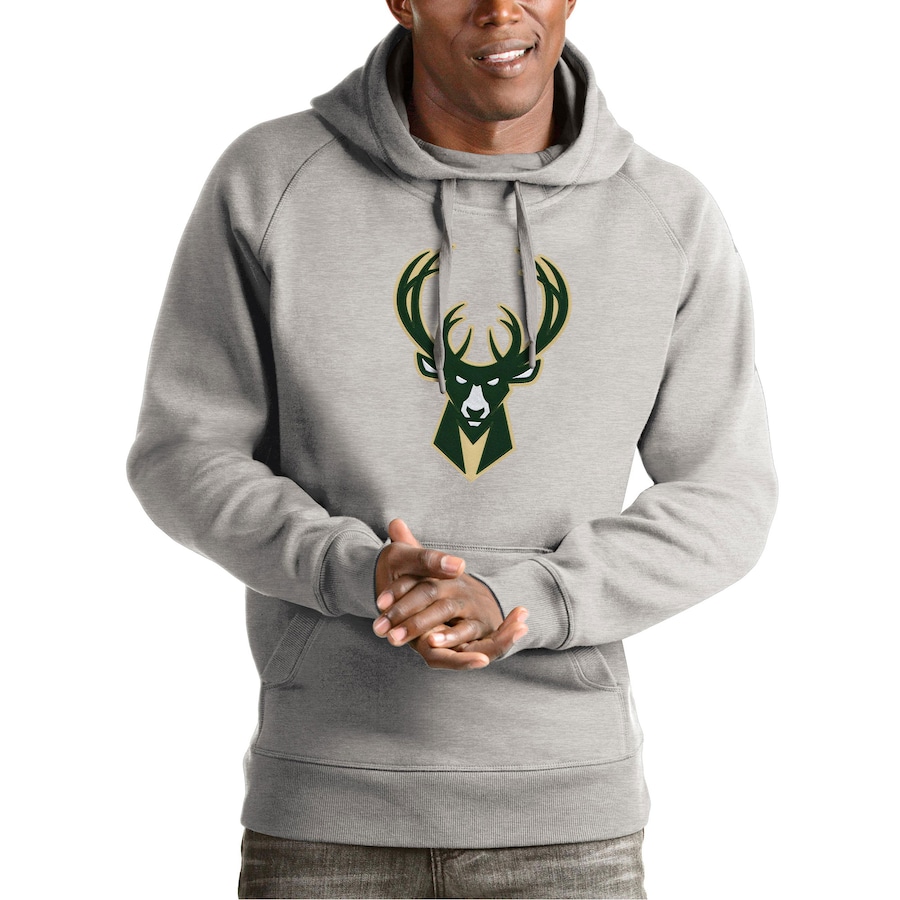 Men's Milwaukee Bucks Antigua Heather Gray Team Logo Victory Pullover Hoodie Men's Milwaukee Bucks Antigua Heather Gray Team Logo Victory Pullover Hoodie