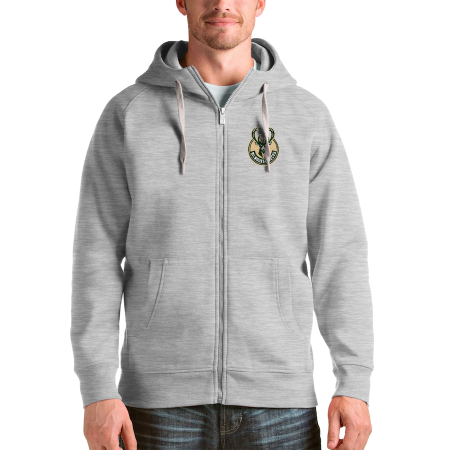 Men's Milwaukee Bucks Antigua Heathered Gray Logo Victory Full-Zip Hoodie Men's Milwaukee Bucks Antigua Heathered Gray Logo Victory Full-Zip Hoodie