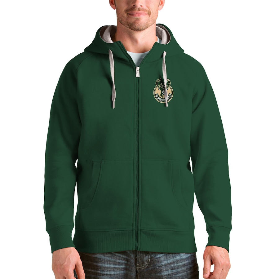 Men's Milwaukee Bucks Antigua Hunter Green Logo Victory Full-Zip Hoodie Men's Milwaukee Bucks Antigua Hunter Green Logo Victory Full-Zip Hoodie