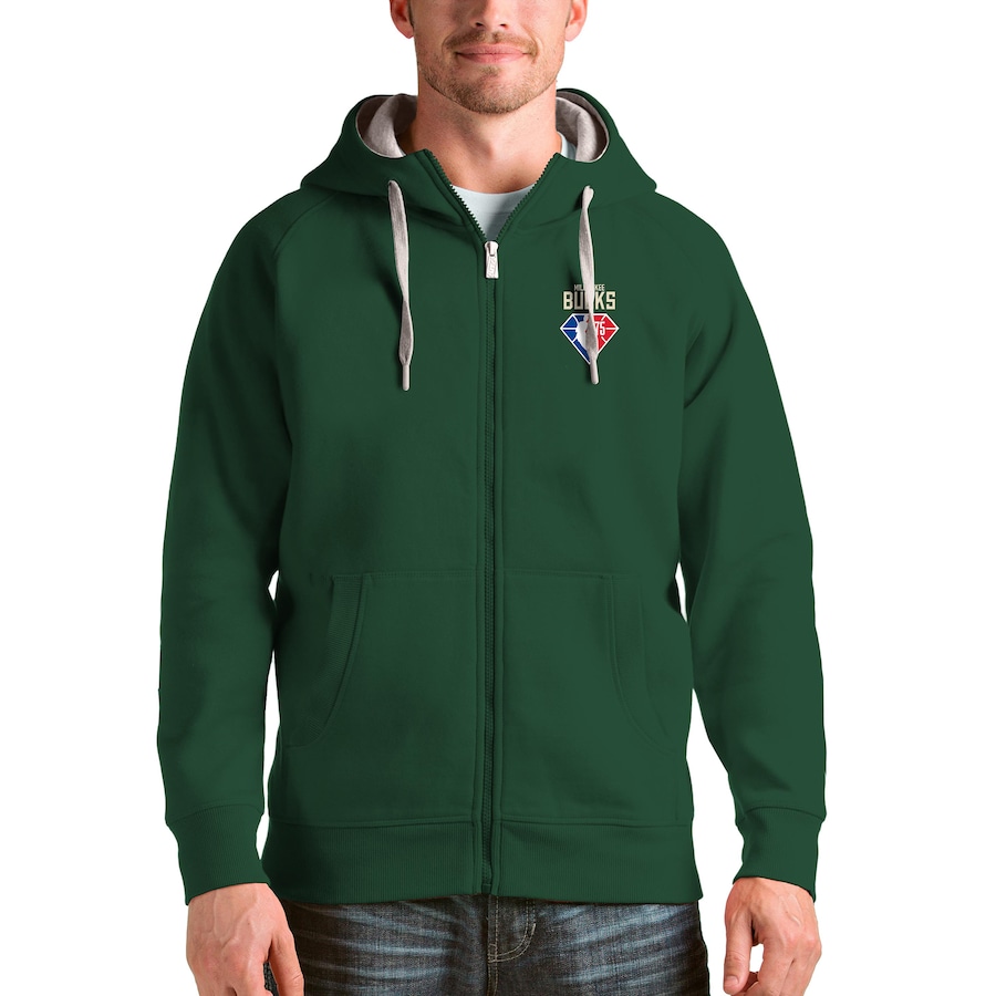 Men's Milwaukee Bucks Antigua Hunter Green NBA 75th Anniversary Victory Full-Zip Hoodie Men's Milwaukee Bucks Antigua Hunter Green NBA 75th Anniversary Victory Full-Zip Hoodie