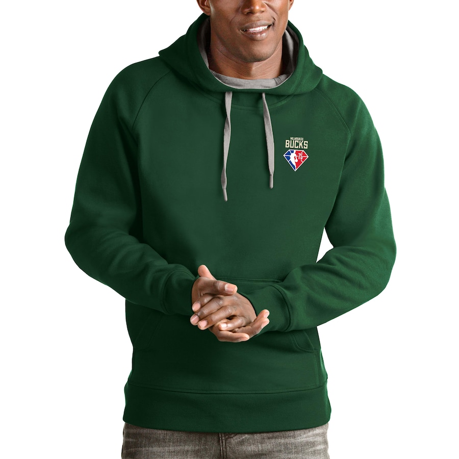 Men's Milwaukee Bucks Antigua Hunter Green NBA 75th Anniversary Victory Pullover Hoodie Men's Milwaukee Bucks Antigua Hunter Green NBA 75th Anniversary Victory Pullover Hoodie