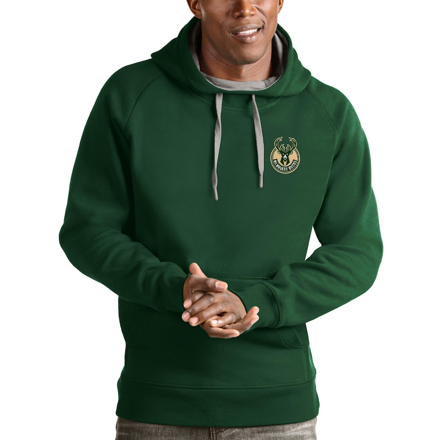 Men's Milwaukee Bucks Antigua Hunter Green Victory Pullover Hoodie Men's Milwaukee Bucks Antigua Hunter Green Victory Pullover Hoodie