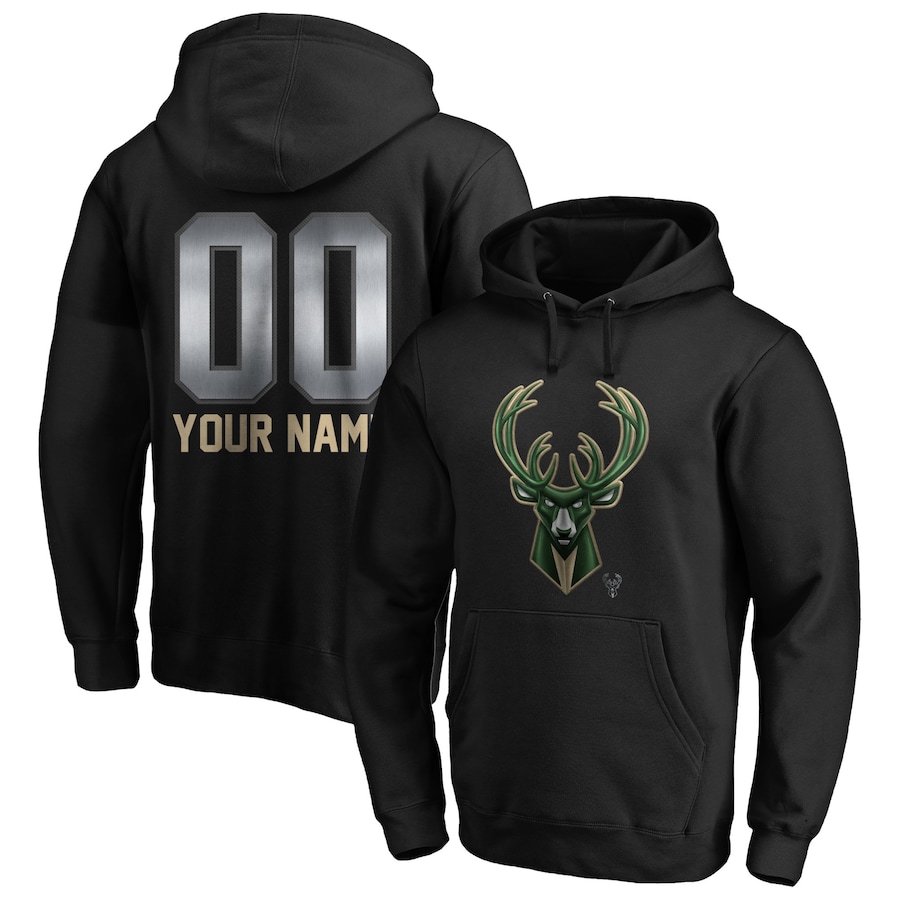 Men's Customize Milwaukee Bucks Black Midnight Mascot Personalized Name & Number Pullover Hoodie Men's Customize Milwaukee Bucks Black Midnight Mascot Personalized Name & Number Pullover Hoodie