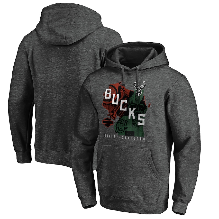 Men's Milwaukee Bucks Heather Charcoal Harley Davidson Bust Out Pullover Hoodie Men's Milwaukee Bucks Heather Charcoal Harley Davidson Bust Out Pullover Hoodie