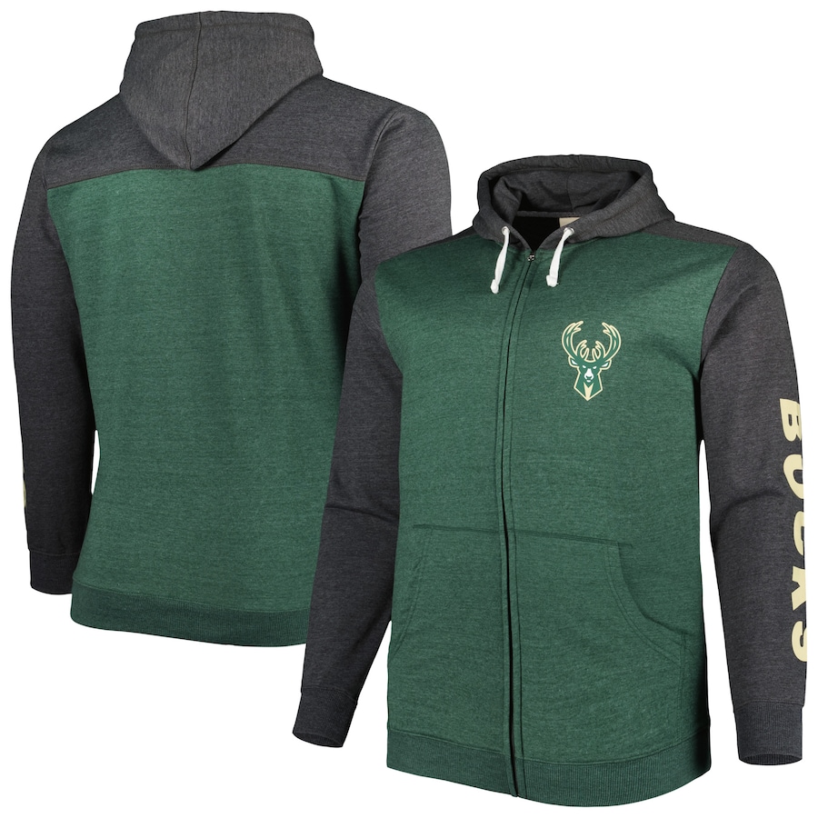 Men's Milwaukee Bucks Heathered Hunter Green/Heathered Black Big & Tall Down and Distance Full-Zip Hoodie Men's Milwaukee Bucks Heathered Hunter Green/Heathered Black Big & Tall Down and Distance Full-Zip Hoodie