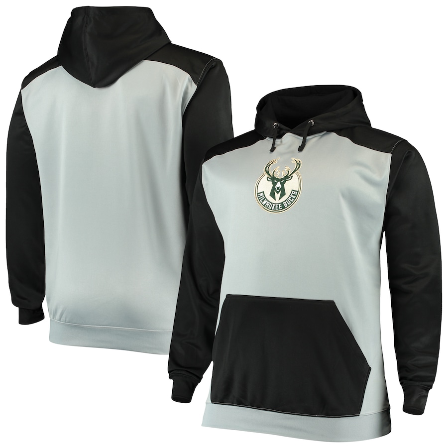 Men's Milwaukee Bucks Gray/Black Colorblock Raglan Pouch Pullover Hoodie Men's Milwaukee Bucks Gray/Black Colorblock Raglan Pouch Pullover Hoodie