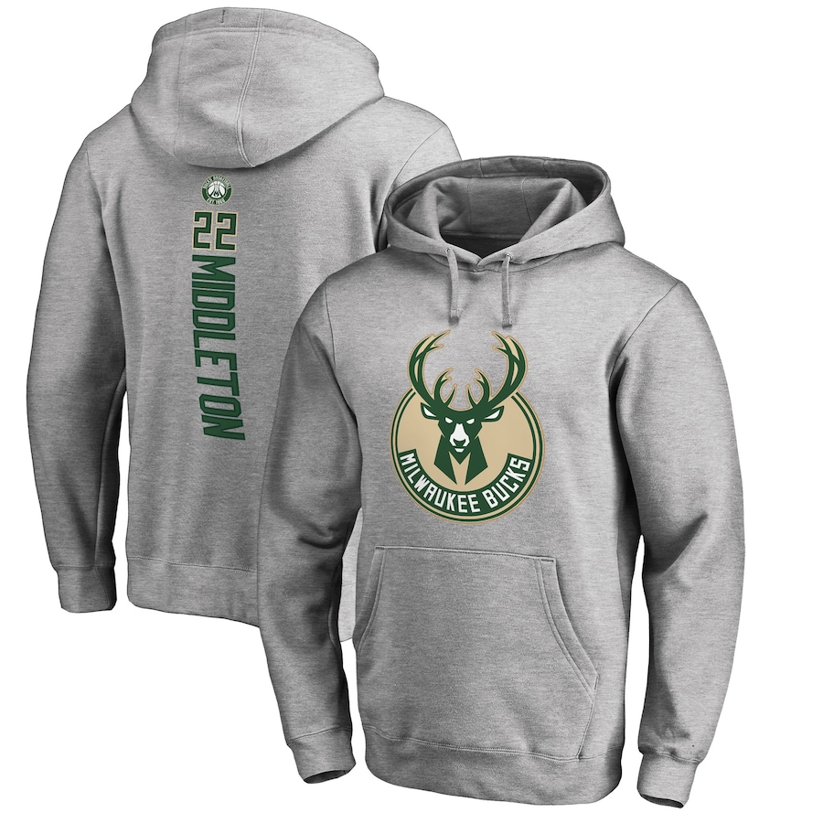 Men's Milwaukee Bucks Khris Middleton Heathered Gray Backer Name and Number Pullover Hoodie Men's Milwaukee Bucks Khris Middleton Heathered Gray Backer Name and Number Pullover Hoodie