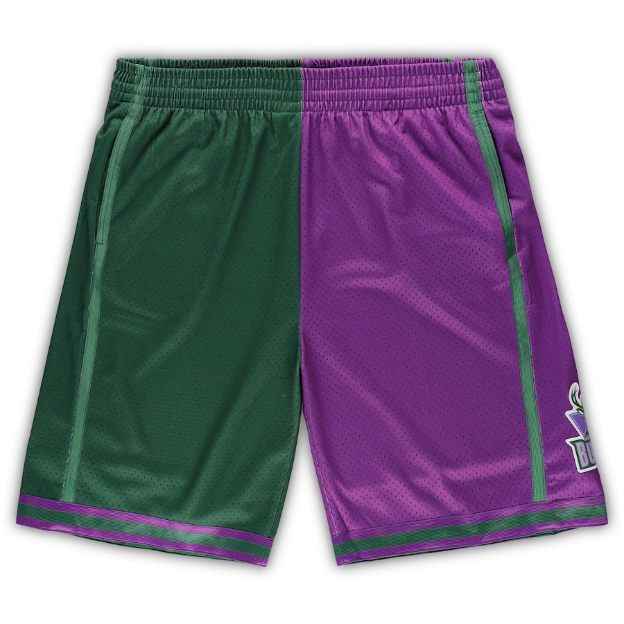 Men's Milwaukee Bucks Mitchell & Ness Green/Purple Big & Tall Hardwood Classics Split Swingman Shorts Men's Milwaukee Bucks Mitchell & Ness Green/Purple Big & Tall Hardwood Classics Split Swingman Shorts