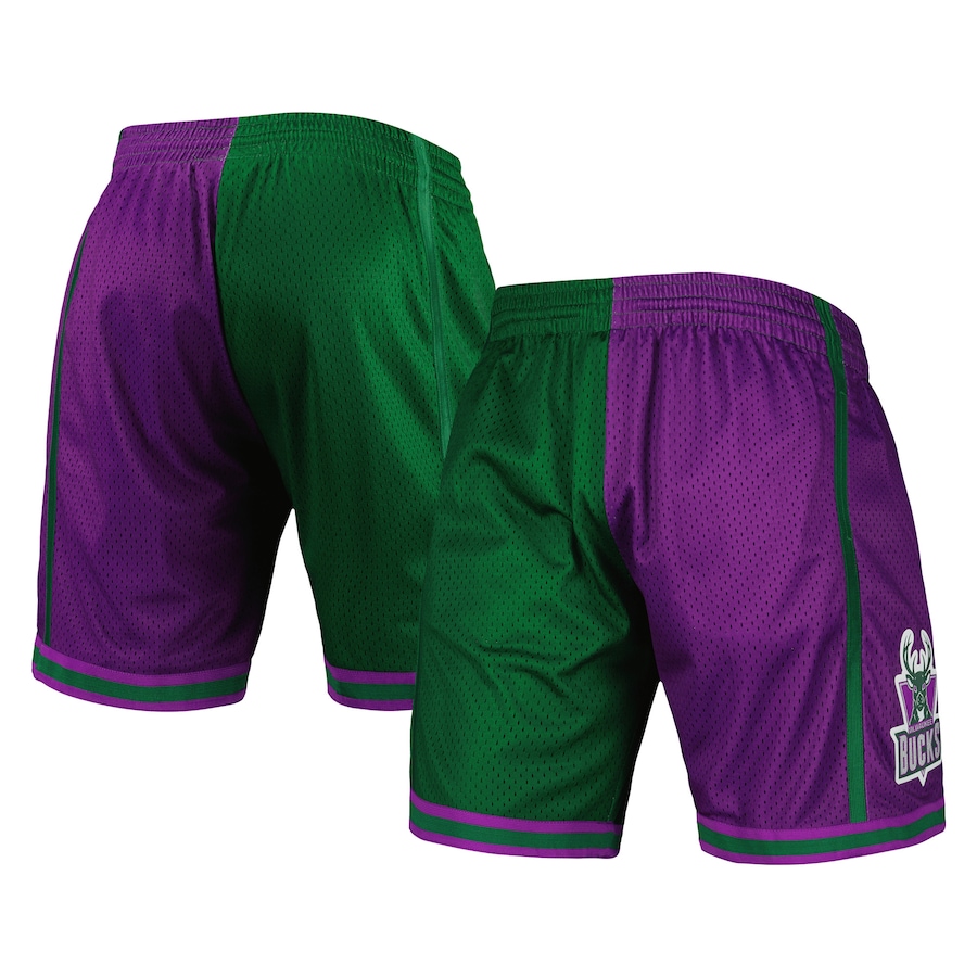 Men's Milwaukee Bucks Mitchell & Ness Green/Purple Hardwood Classics 1996 Split Swingman Shorts Men's Milwaukee Bucks Mitchell & Ness Green/Purple Hardwood Classics 1996 Split Swingman Shorts