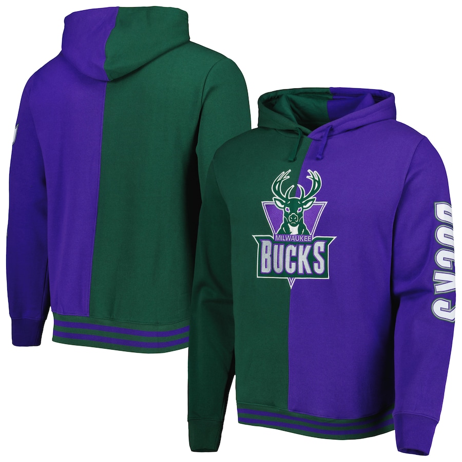 Men's Milwaukee Bucks Mitchell & Ness Green/Purple Hardwood Classics Split Pullover Hoodie Men's Milwaukee Bucks Mitchell & Ness Green/Purple Hardwood Classics Split Pullover Hoodie