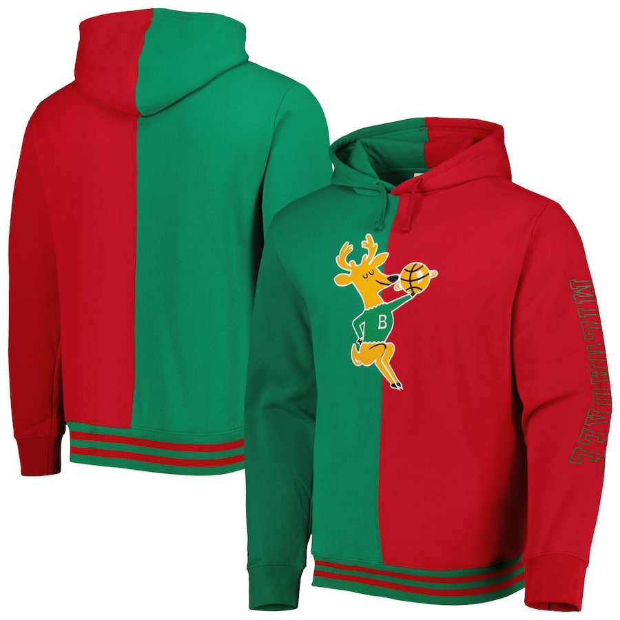 Men's Milwaukee Bucks Mitchell & Ness Green/Red Hardwood Classics Split Pullover Hoodie Men's Milwaukee Bucks Mitchell & Ness Green/Red Hardwood Classics Split Pullover Hoodie