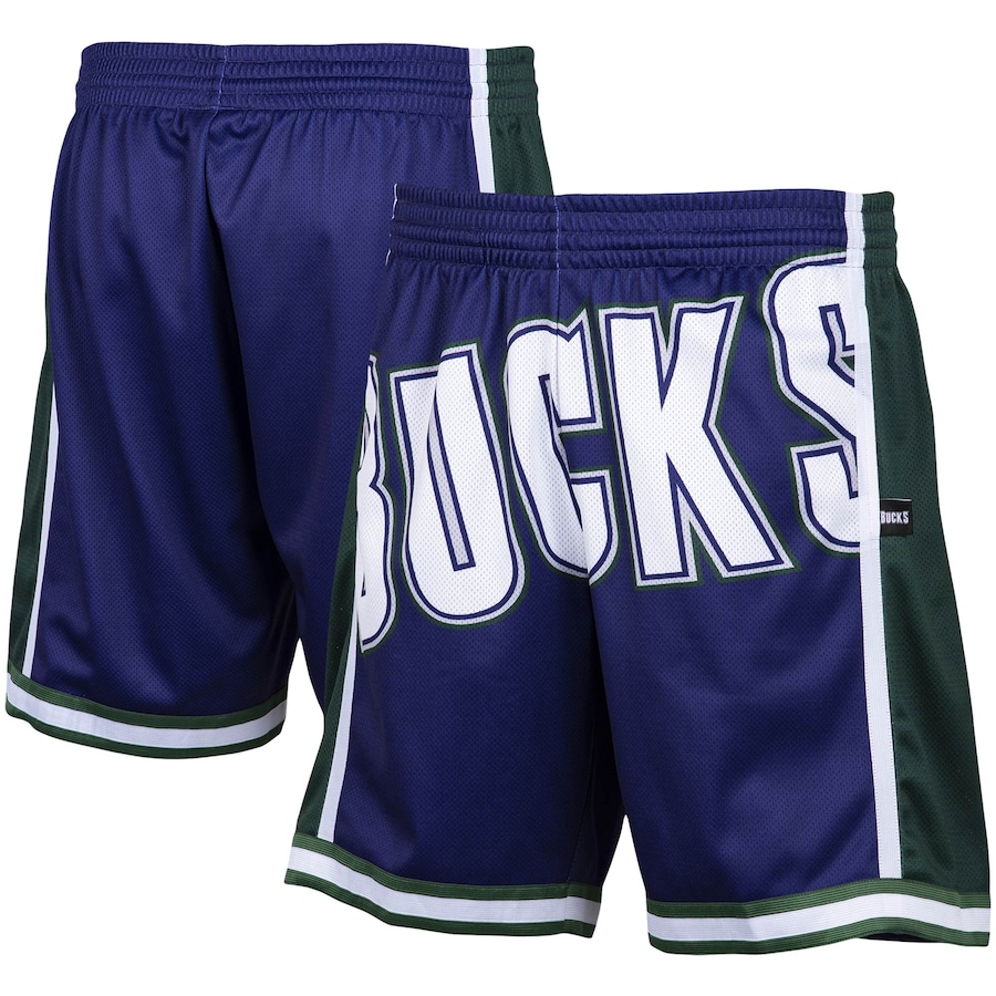 Men's Milwaukee Bucks Mitchell & Ness Purple Hardwood Classics Big Face 2.0 Shorts Men's Milwaukee Bucks Mitchell & Ness Purple Hardwood Classics Big Face 2.0 Shorts