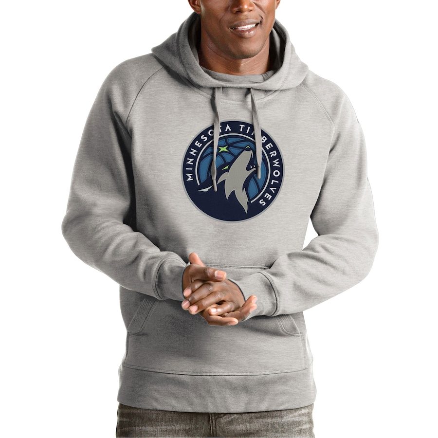 Men's Minnesota Timberwolves Antigua Heather Gray Team Logo Victory Pullover Hoodie Men's Minnesota Timberwolves Antigua Heather Gray Team Logo Victory Pullover Hoodie