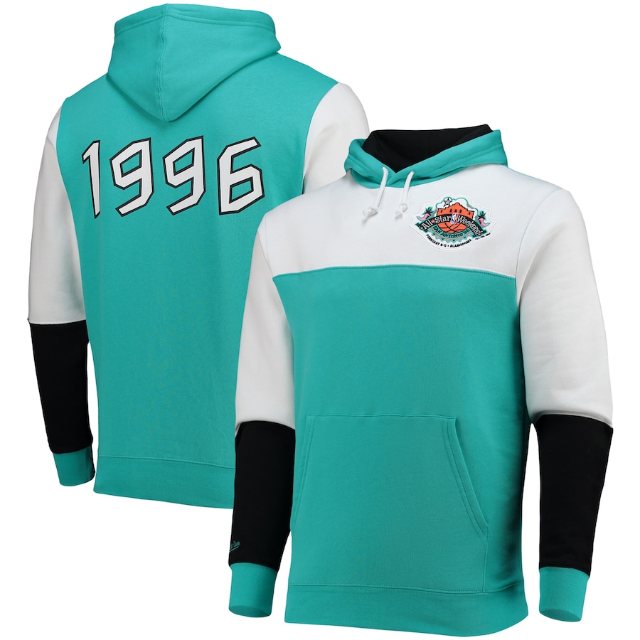 Men's NBA Mitchell & Ness Teal Hardwood Classics 1996 All-Star Game Colorblock Fusion Pullover Hoodie