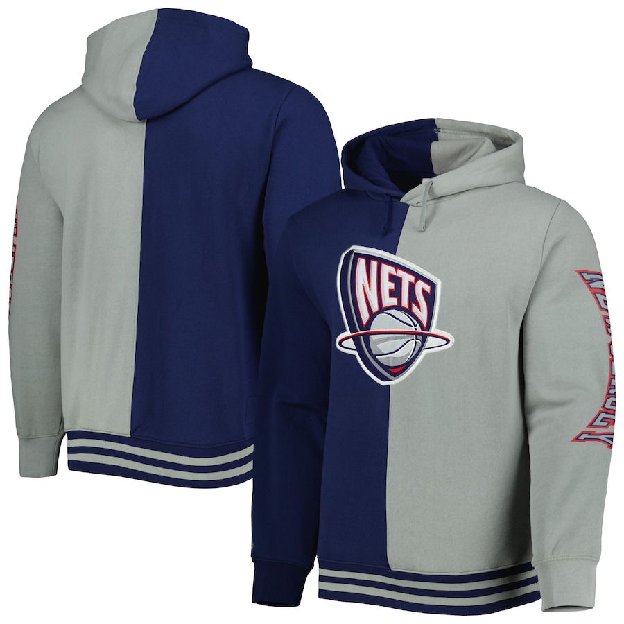 Men's New Jersey Nets Mitchell & Ness Navy/Gray Hardwood Classics Split Pullover Hoodie