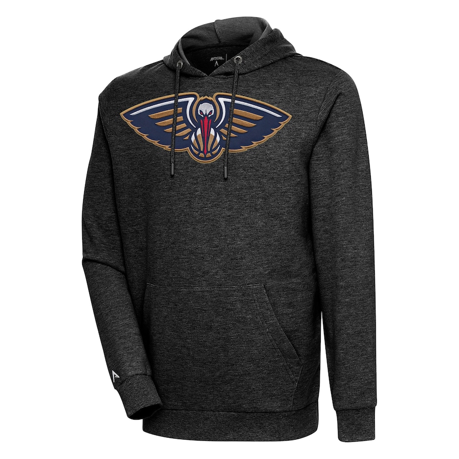 Men's New Orleans Pelicans Antigua Heather Black Action Pullover Hoodie Men's New Orleans Pelicans Antigua Heather Black Action Pullover Hoodie