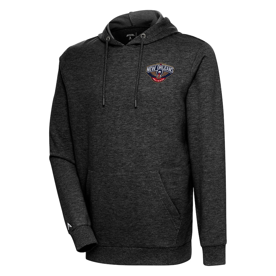 Men's New Orleans Pelicans Antigua Heather Black Action Pullover Hoodie Men's New Orleans Pelicans Antigua Heather Black Action Pullover Hoodie