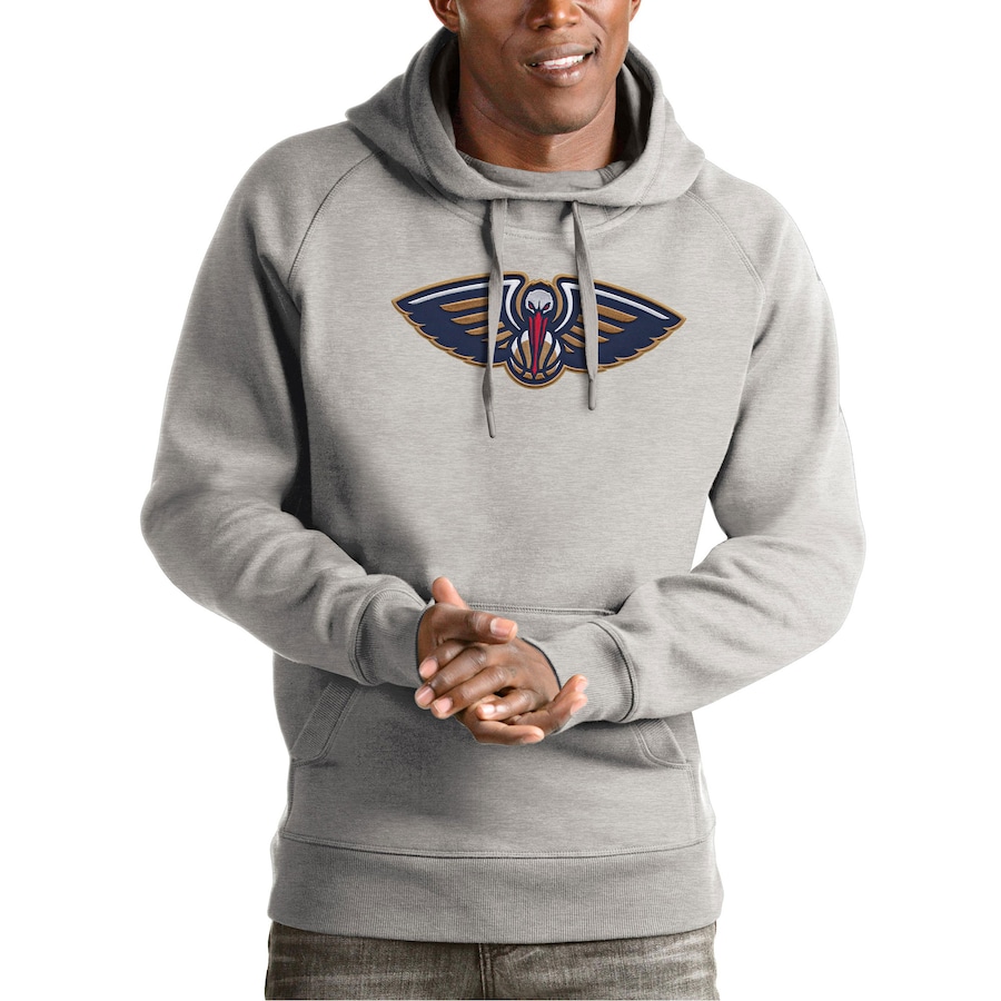 Men's New Orleans Pelicans Antigua Heather Gray Team Logo Victory Pullover Hoodie Men's New Orleans Pelicans Antigua Heather Gray Team Logo Victory Pullover Hoodie