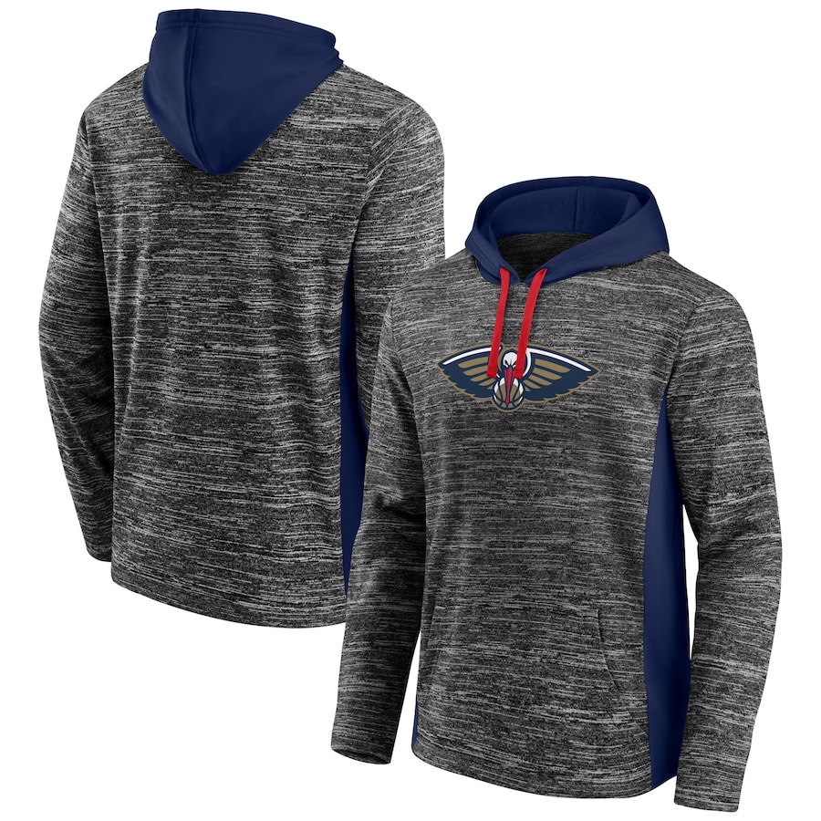 Men's New Orleans Pelicans Heathered Charcoal/Navy Instant Replay Colorblocked Pullover Hoodie Men's New Orleans Pelicans Heathered Charcoal/Navy Instant Replay Colorblocked Pullover Hoodie