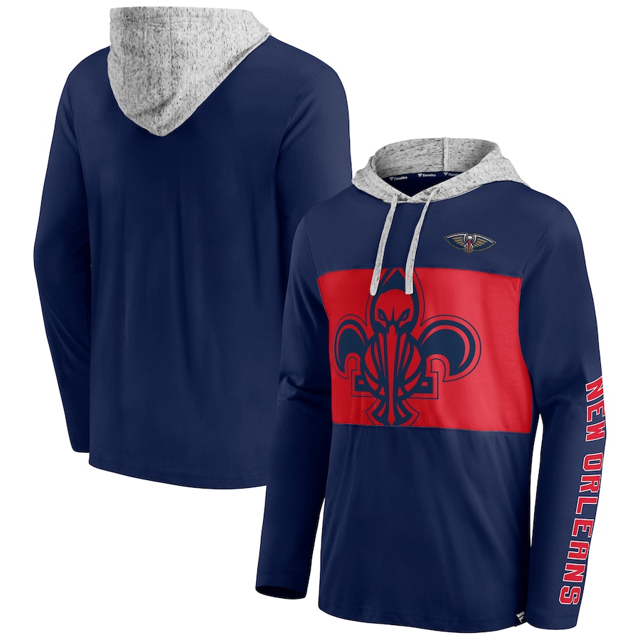 Men's New Orleans Pelicans Navy/Heathered Gray Block Party Pullover Hoodie Men's New Orleans Pelicans Navy/Heathered Gray Block Party Pullover Hoodie