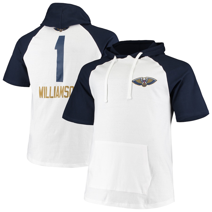 Men's New Orleans Pelicans Zion Williamson White/Navy Big & Tall Player Raglan Short Sleeve Hoodie