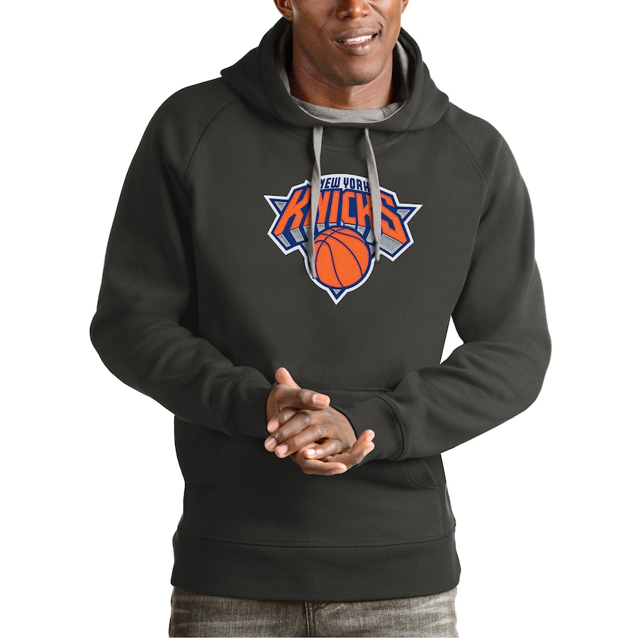 Men's New York Knicks Antigua Charcoal Team Logo Victory Pullover Hoodie Men's New York Knicks Antigua Charcoal Team Logo Victory Pullover Hoodie
