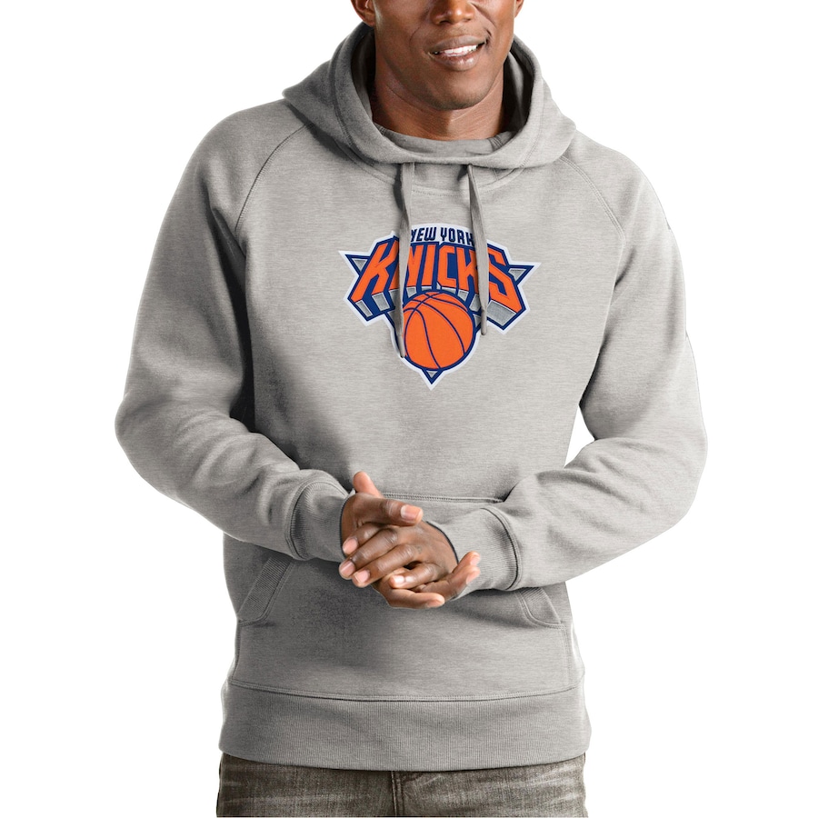 Men's New York Knicks Antigua Heather Gray Team Logo Victory Pullover Hoodie Men's New York Knicks Antigua Heather Gray Team Logo Victory Pullover Hoodie