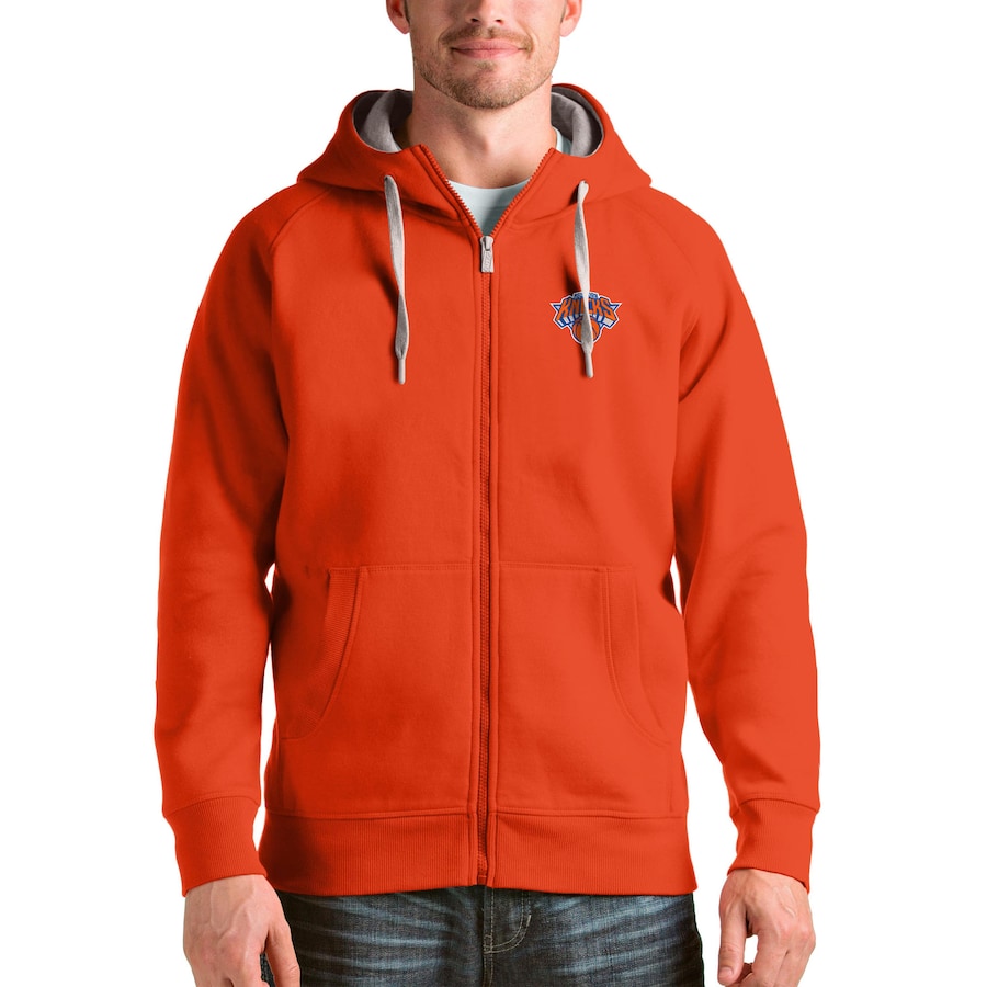 Men's New York Knicks Antigua Orange Logo Victory Full-Zip Hoodie Men's New York Knicks Antigua Orange Logo Victory Full-Zip Hoodie