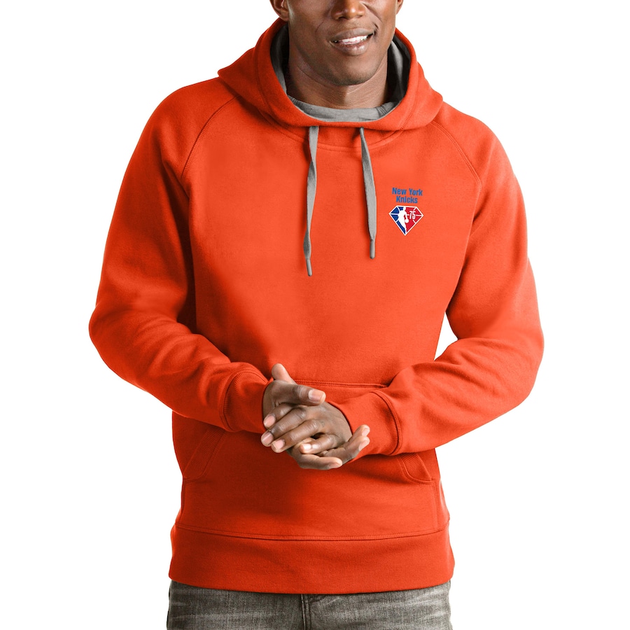 Men's New York Knicks Antigua Orange NBA 75th Anniversary Victory Pullover Hoodie Men's New York Knicks Antigua Orange NBA 75th Anniversary Victory Pullover Hoodie