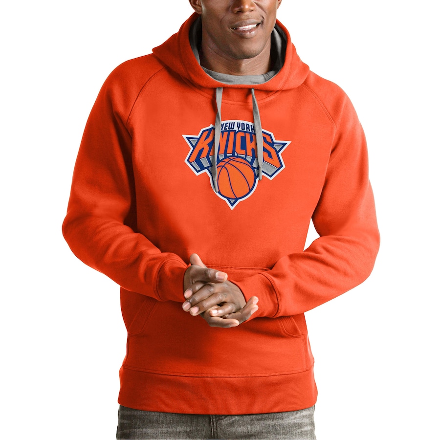 Men's New York Knicks Antigua Orange Team Logo Victory Pullover Hoodie Men's New York Knicks Antigua Orange Team Logo Victory Pullover Hoodie
