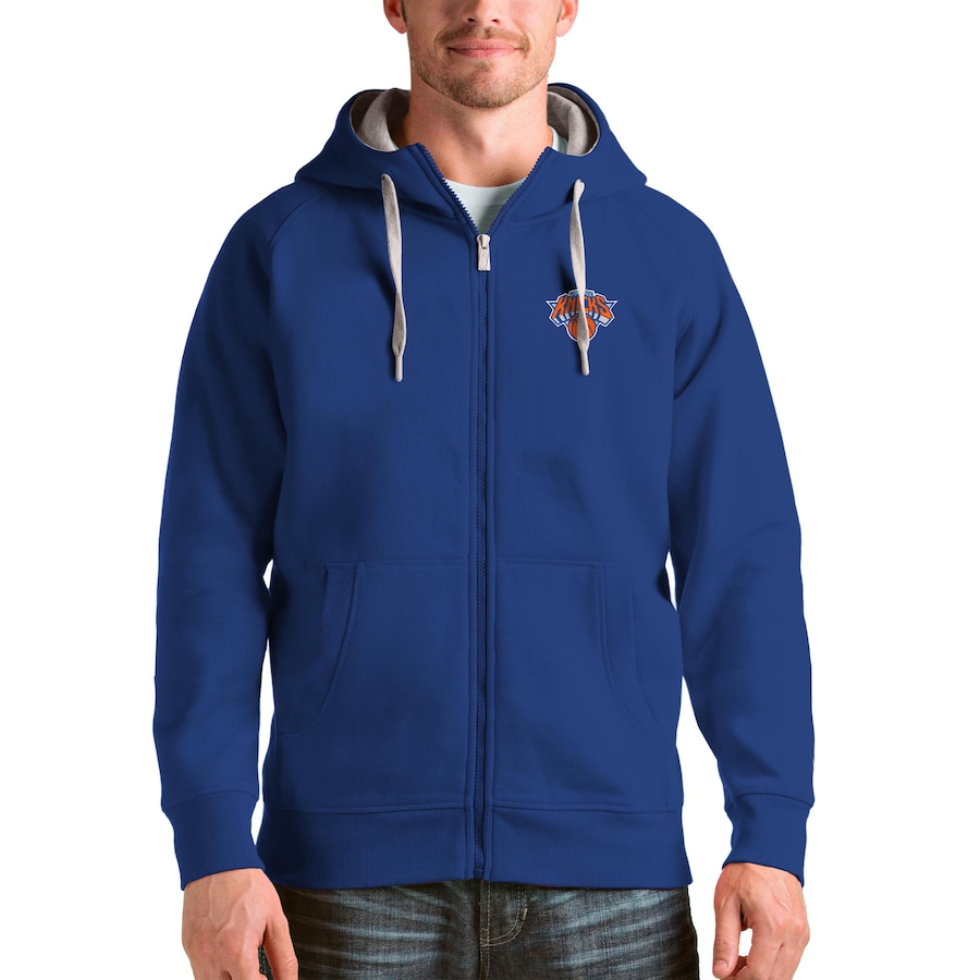 Men's New York Knicks Antigua Royal Logo Victory Full-Zip Hoodie Men's New York Knicks Antigua Royal Logo Victory Full-Zip Hoodie