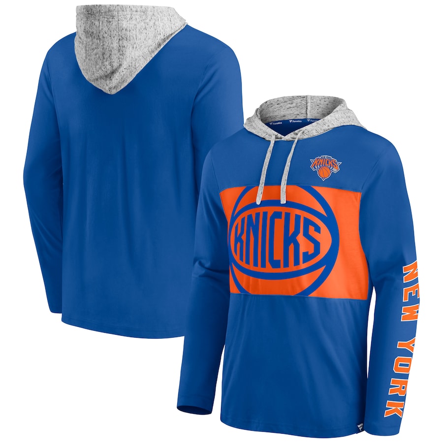 Men's New York Knicks Blue/Heathered Gray Block Party Pullover Hoodie Men's New York Knicks Blue/Heathered Gray Block Party Pullover Hoodie