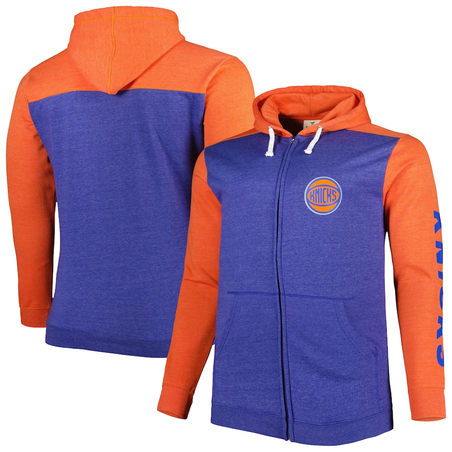 Men's New York Knicks Heathered Blue/Heathered Orange Big & Tall Down and Distance Full-Zip Hoodie Men's New York Knicks Heathered Blue/Heathered Orange Big & Tall Down and Distance Full-Zip Hoodie