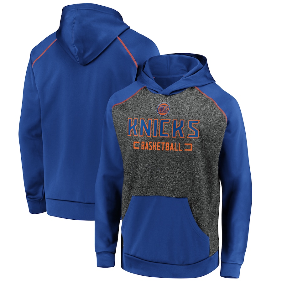 Men's New York Knicks Heathered Charcoal/Blue Game Day Ready Raglan Pullover Hoodie Men's New York Knicks Heathered Charcoal/Blue Game Day Ready Raglan Pullover Hoodie