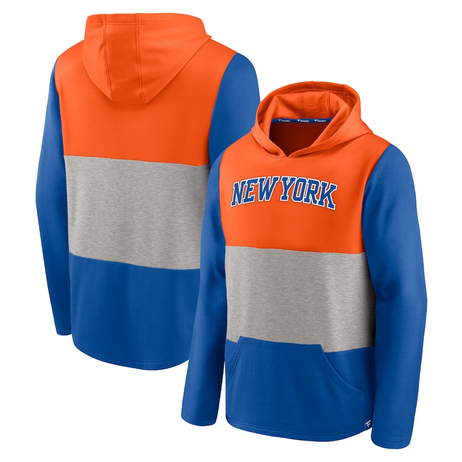Men's New York Knicks Orange/Blue Linear Logo Comfy Colorblock Tri-Blend Pullover Hoodie Men's New York Knicks Orange/Blue Linear Logo Comfy Colorblock Tri-Blend Pullover Hoodie