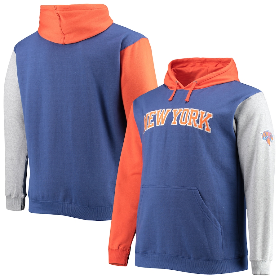 Men's New York Knicks Royal/Orange Big & Tall Double Contrast Pullover Hoodie Men's New York Knicks Royal/Orange Big & Tall Double Contrast Pullover Hoodie