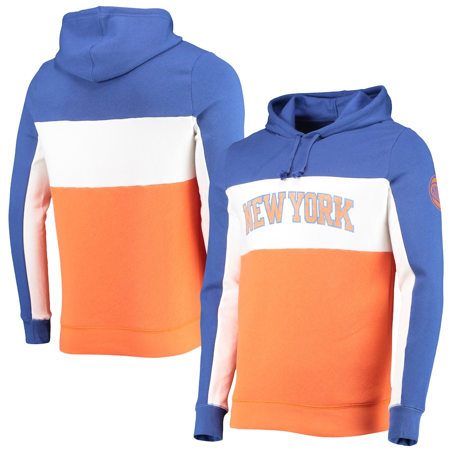 Men's New York Knicks Junk Food Blue/White Wordmark Colorblock Fleece Pullover Hoodie