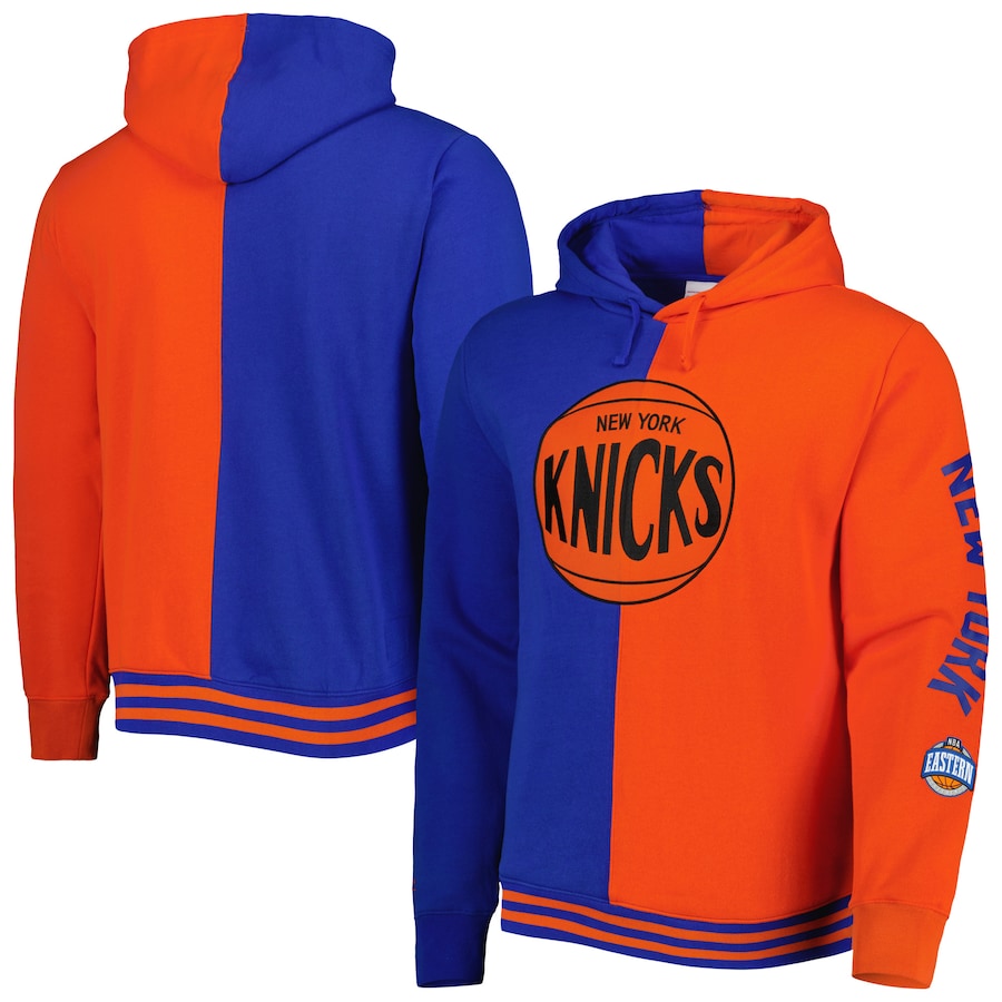 Men's New York Knicks Mitchell & Ness Blue/Orange Hardwood Classics Split Pullover Hoodie