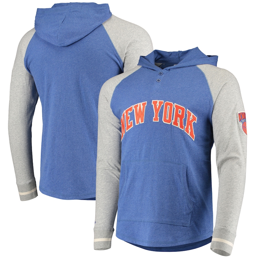 Men's New York Knicks Mitchell & Ness Heathered Blue Slugfest Raglan Henley Hoodie Men's New York Knicks Mitchell & Ness Heathered Blue Slugfest Raglan Henley Hoodie