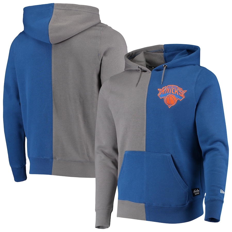 Men's New York Knicks New Era Gray/Blue Diagonal French Terry Color Block Pullover Hoodie Men's New York Knicks New Era Gray/Blue Diagonal French Terry Color Block Pullover Hoodie