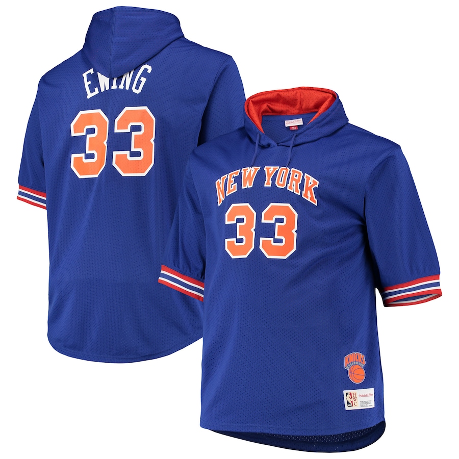 Men's New York Knicks Patrick Ewing Mitchell & Ness Blue/Orange Big & Tall Name & Number Short Sleeve Hoodie Men's New York Knicks Patrick Ewing Mitchell & Ness Blue/Orange Big & Tall Name & Number Short Sleeve Hoodie
