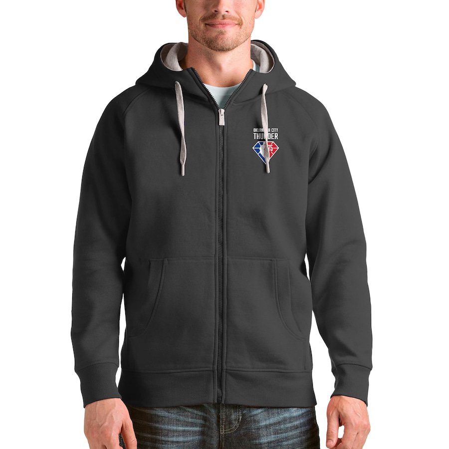 Men's Oklahoma City Thunder Antigua Charcoal NBA 75th Anniversary Victory Full-Zip Hoodie