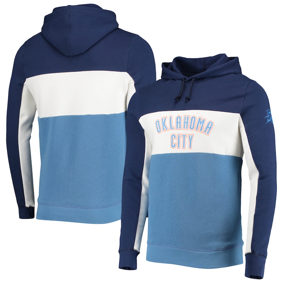 Men's Oklahoma City Thunder Junk Food Navy/White Wordmark Colorblock Fleece Pullover Hoodie